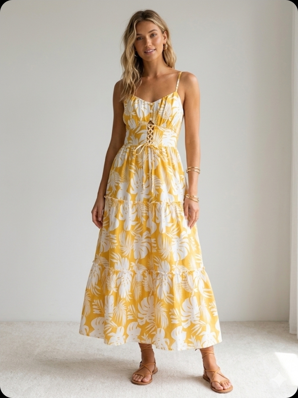 Yellow Tropical Print Tiered Maxi Dress